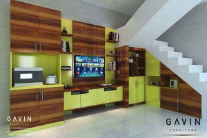 design backdrop tv home interior coklat kuning kombinasi warna Q2831