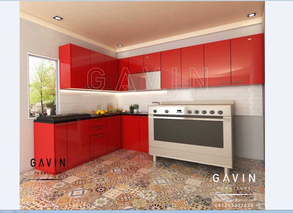 gambar design kitchen set warna merah glossy project di Jelambar Q2911