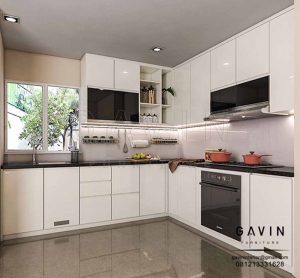 Design Lemari Dapur Putih Letter U Finishing HPL Di Bintaro Q3012