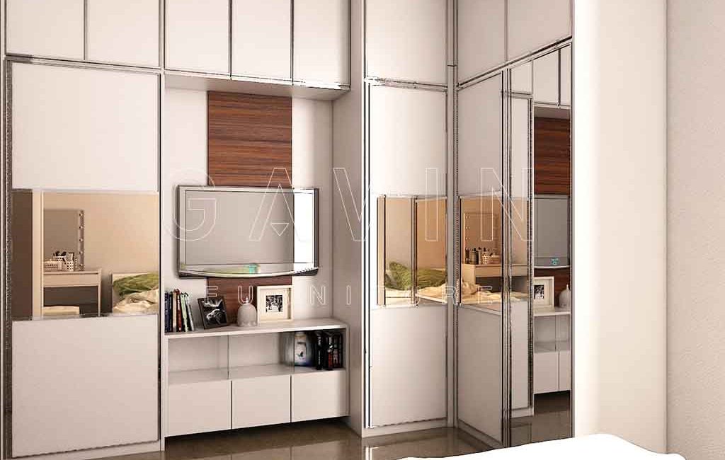 Lemari Sliding Dengan Kabinet TV Putih Taman Palem