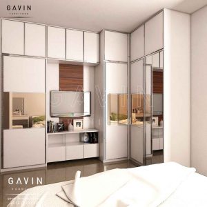Design Lemari Sliding Dengan Kabinet TV Putih Glossy Q2972