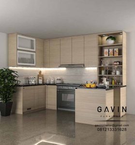 3D Kabinet Dapur Coklat Minimalis HPL Project Bintaro Q3054