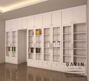 desain lemari buku finishing duco putih Q2920